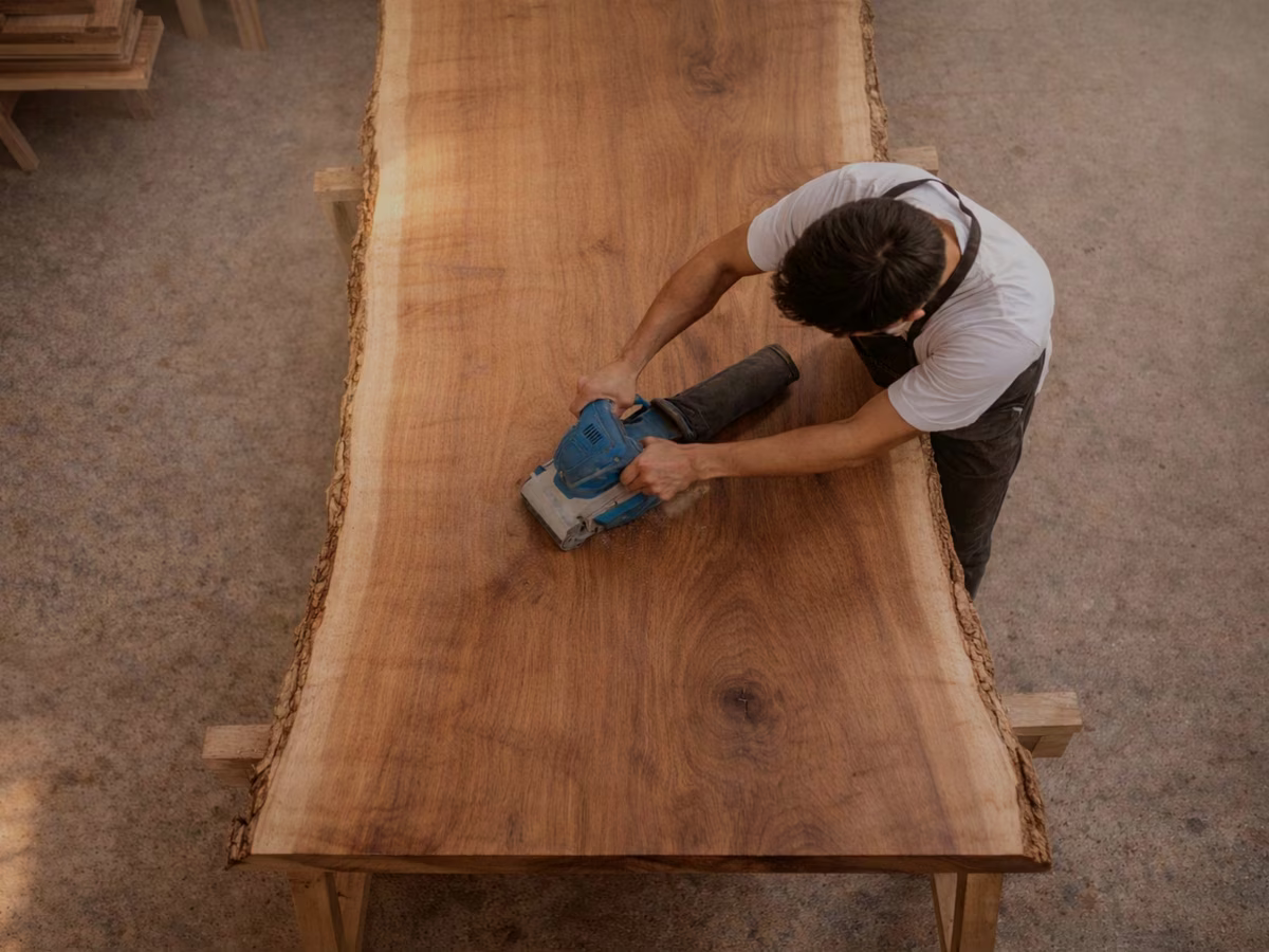 Artisan thaïlandais ponçant un plateau de bois massif à la main